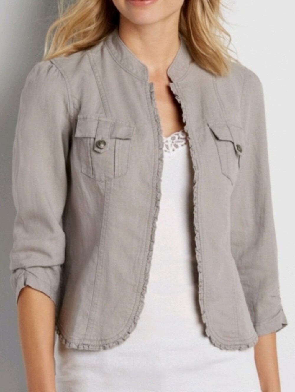 Maurices Linen Blend Peplum Jacket Light Gray Ruffle Summer Open Front Size 2